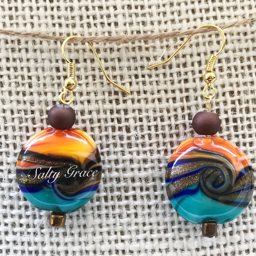 *SOLD*Sunset beach vibe glass gold plated earrings - Picture 1 of 5